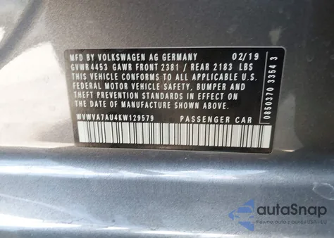 2019 Volkswagen Golf R z USA, uszkodzony, nr VIN WVWVA7AU4KW129579